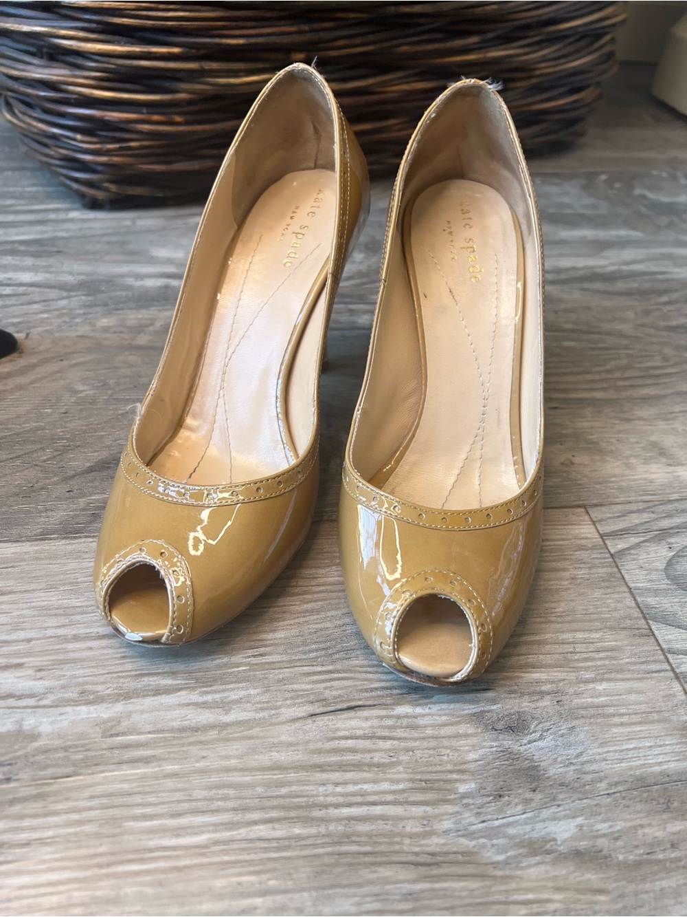 kate spade Glossy Mustard Patent Peep-Toe Pumps